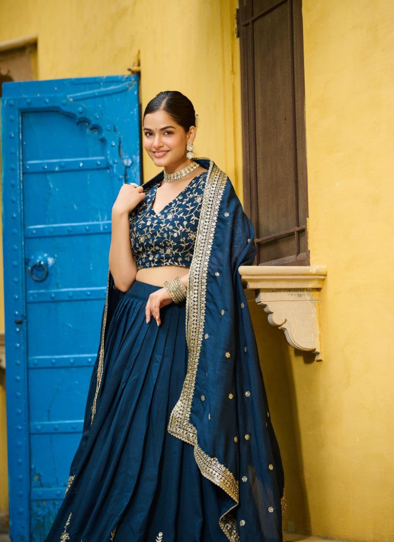 Vichitra Silk Sequins Embroidered Lehenga Set