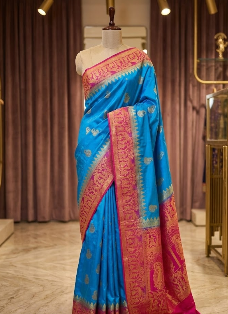Bangalore Baluchari Silk Saree – Firozi Blue & Magenta