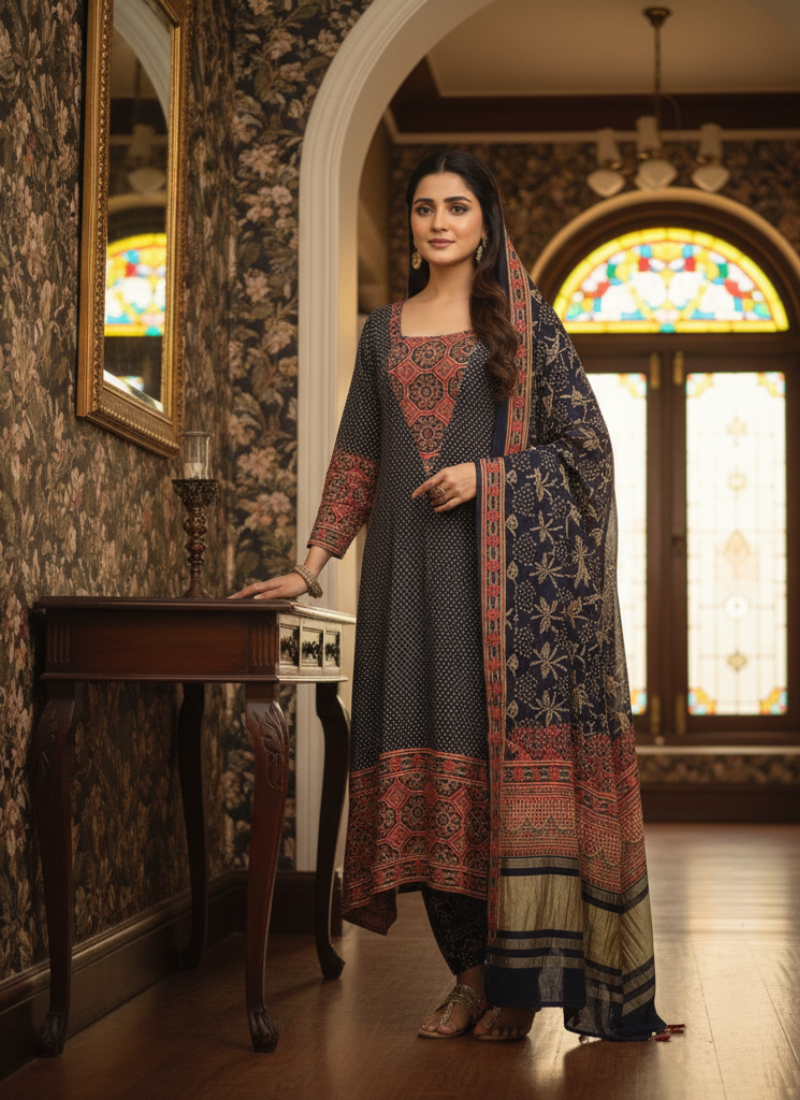 Pure Modal Ajrak Salwar Kameez Suit – Navy Blue with Dupatta