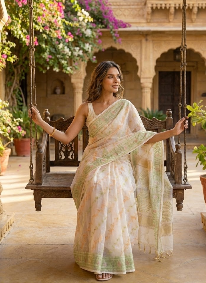 Off-White Jamdani Saree with Mari Thread Work