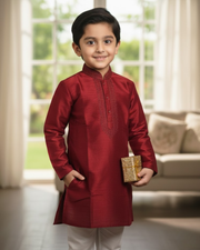 Kids Maroon Raw Silk Kurta with White Cotton Pyjama 3