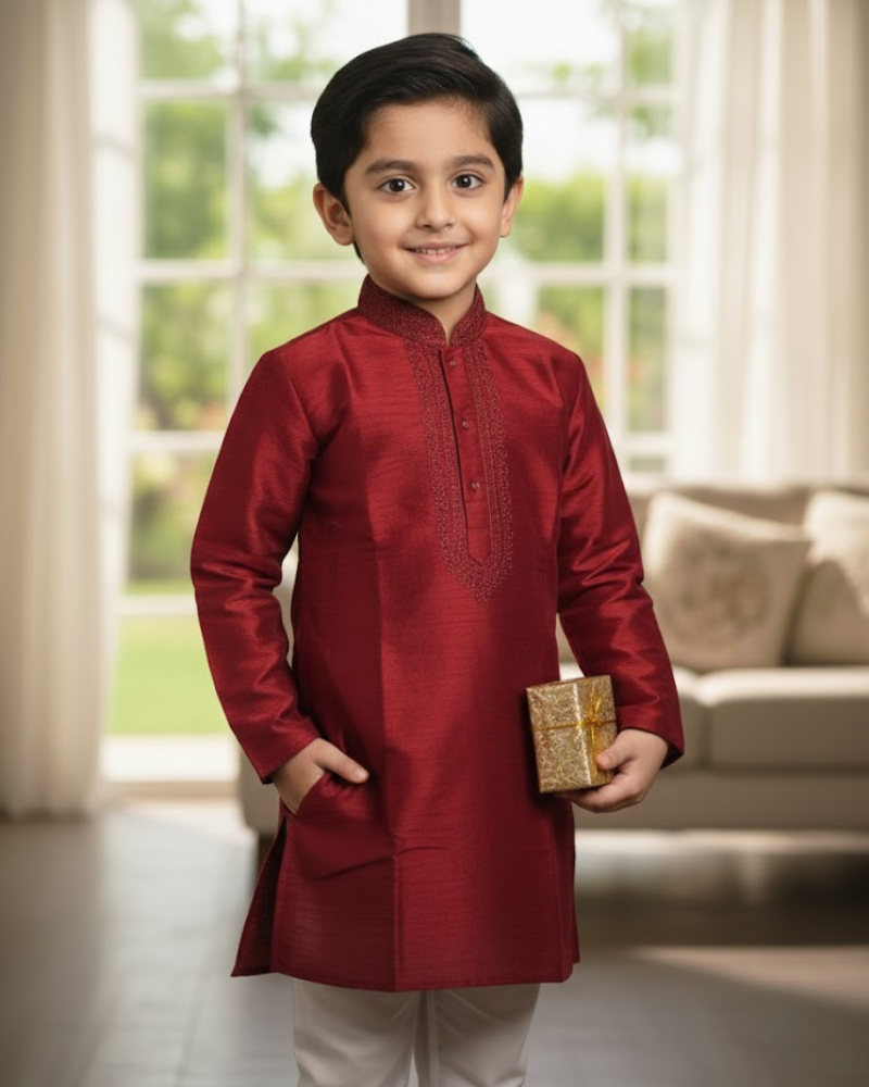 Kids Maroon Raw Silk Kurta with White Cotton Pyjama