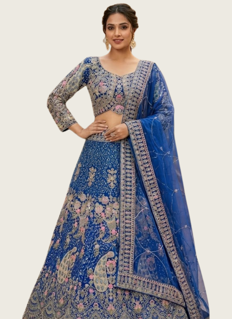 Royal Blue Butterfly Net Lehenga Choli with Sequins & Coding Embroidery + Dupatta