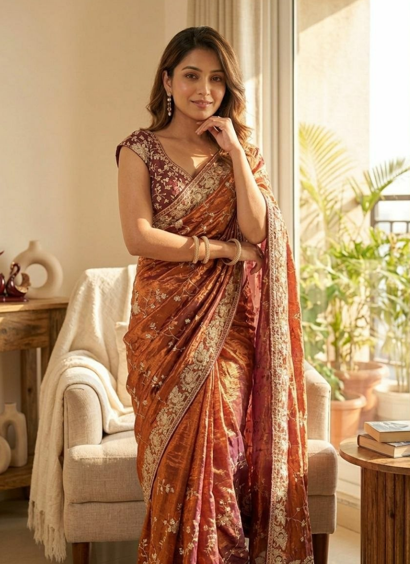 Space Silk Saree – Sequin & Zari Embroidery with Matching Blouse