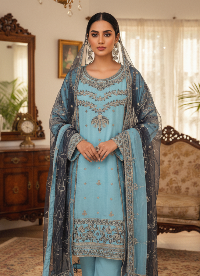 Pakistan Salwar Suit – Light Blue & Navy with Embroidery