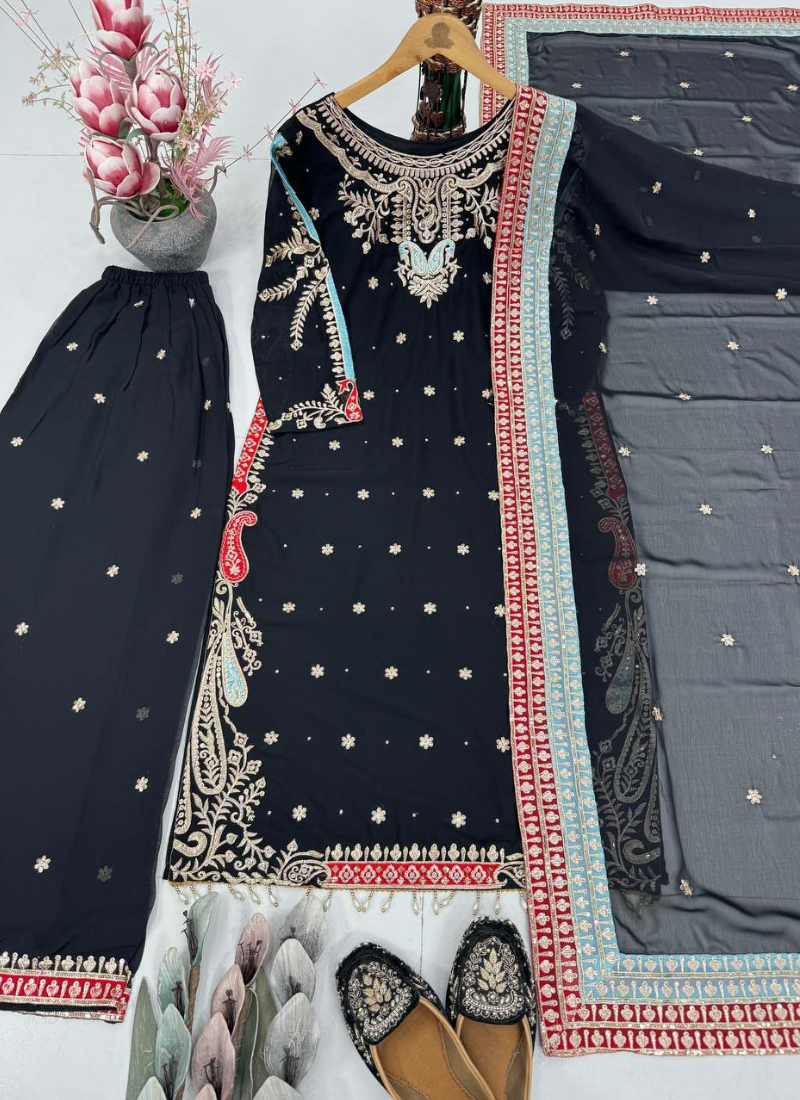 Black Georgette Shalwar Kameez with Sequins & Pearl Mirror Work + Dupatta