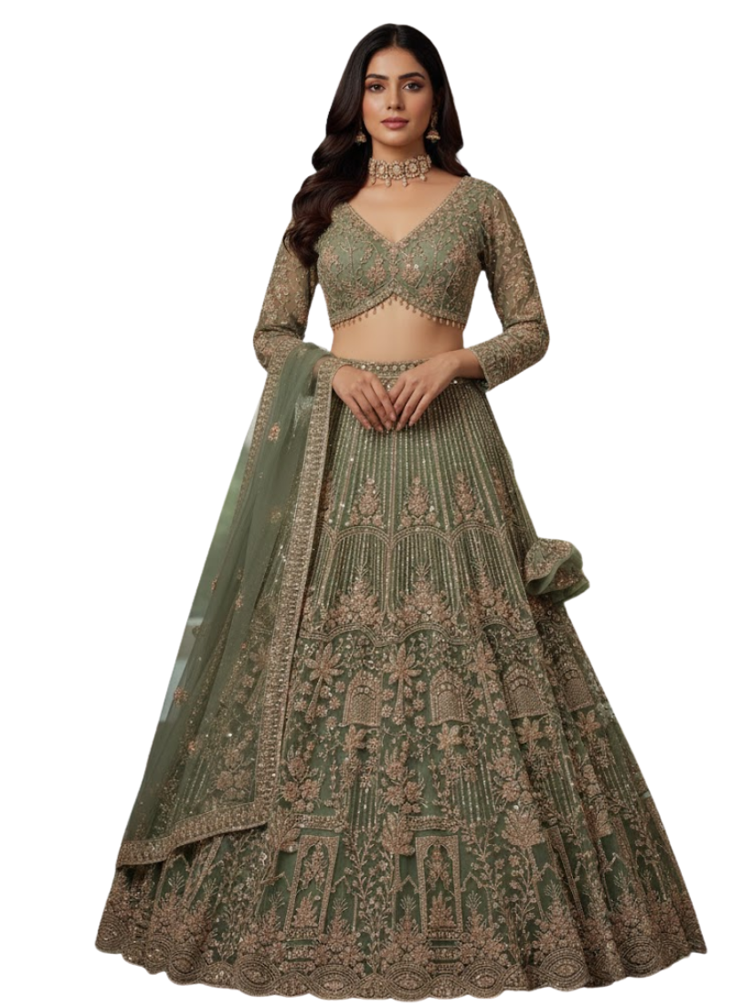 Premium Net Lehenga with Sequins Coding Work & Dupatta – Semi Stitched