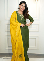 Mahendi Roman Silk Punjabi Suit with Handwork & Jacquard Dupatta (Sizes M–XXL) 7