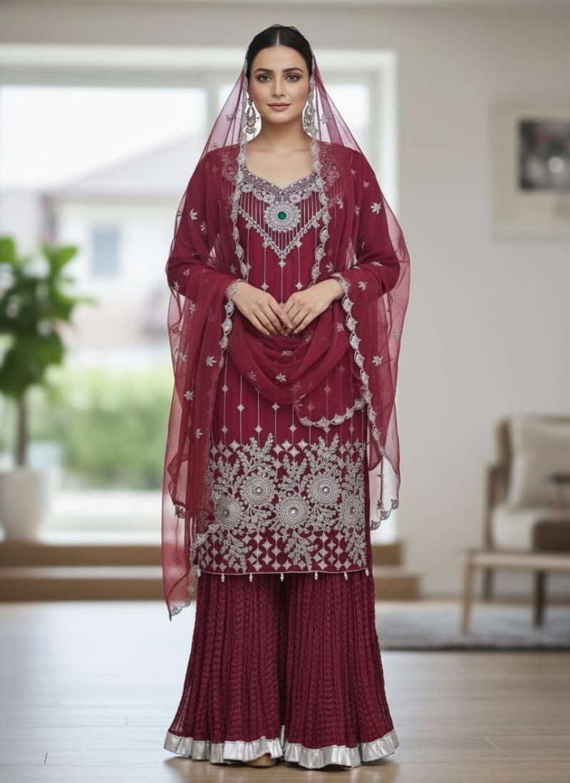 Maroon Pakistani Salwar Suit – Organza with Silver Embroidery