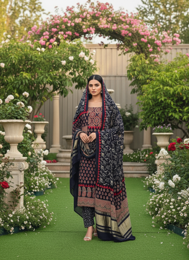 Green Ajrak Salwar Suit – Pure Modal Fabric with Jari Border Dupatta