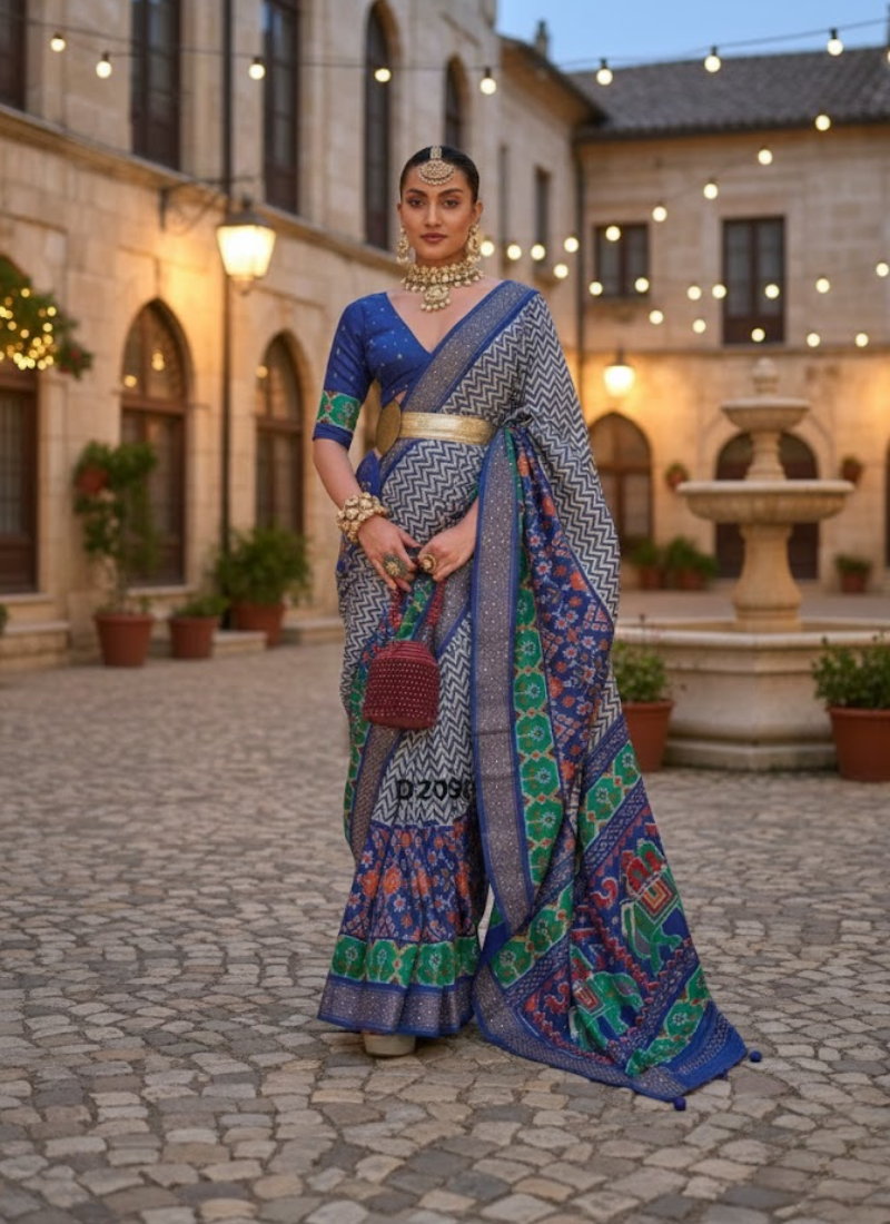 Blue-Green Patoka Saree – Silver Border & Elephant Pallu