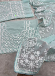Baby Blue Georgette Saree with Thread Embroidery & Sequins Work + Blouse Piece 6