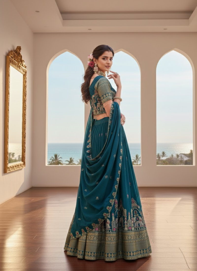 Pure Vichitra Embroidered Lehenga Choli Set