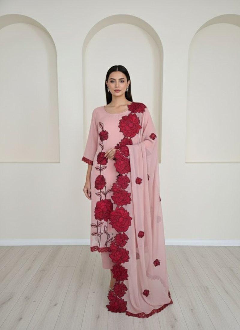 Pink Silk Organza Salwar Kameez with Floral Embroidery Dupatta