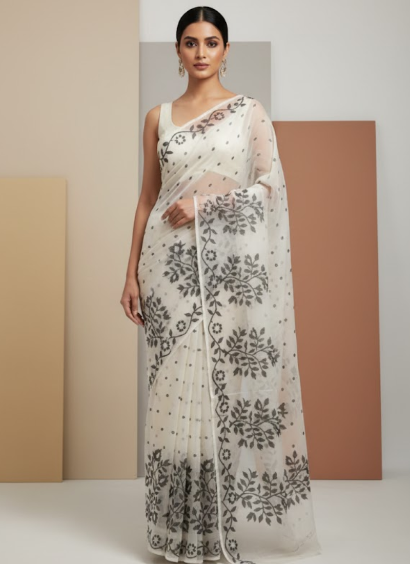 Black & White Tantuz Saree in Maslin Blend