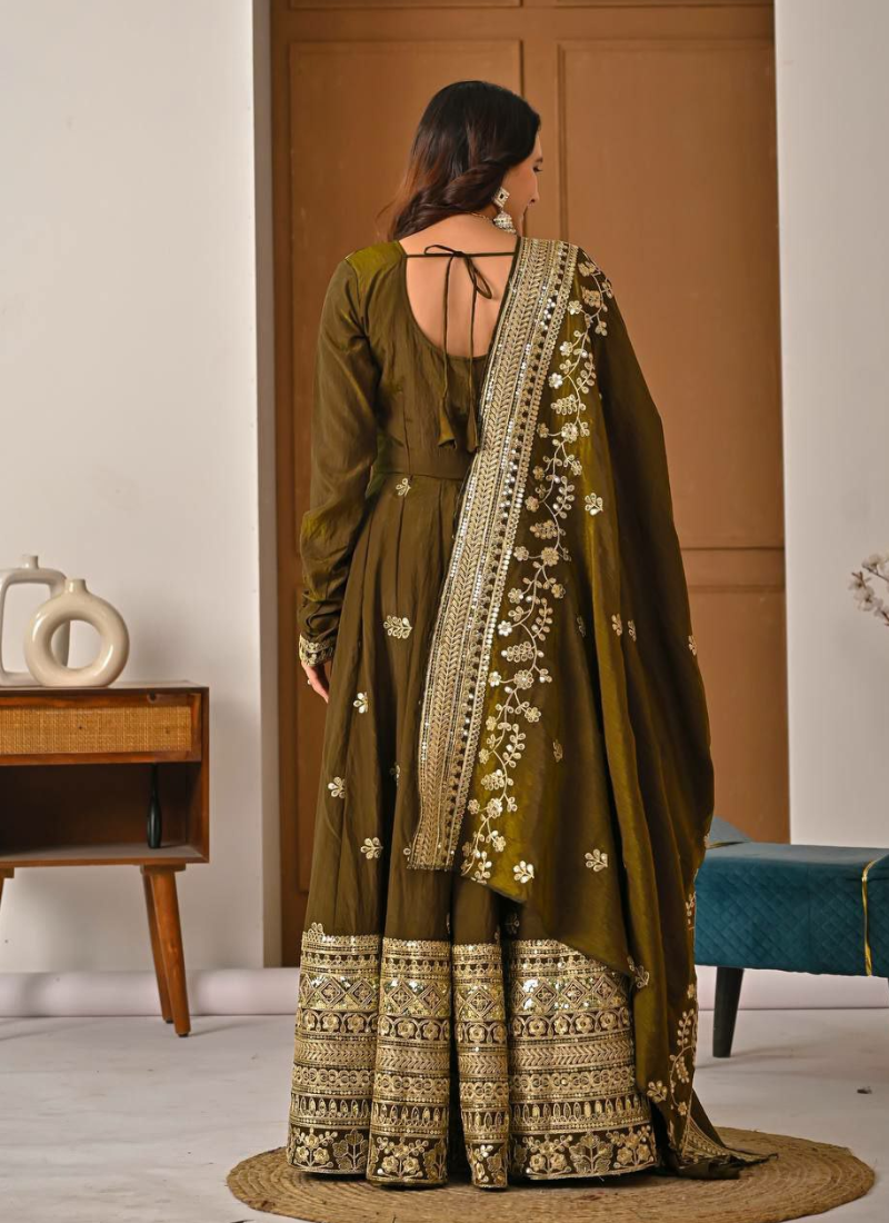 Vichitra Silk Anarkali Gown with Sequins Embroidery + Pant & Dupatta