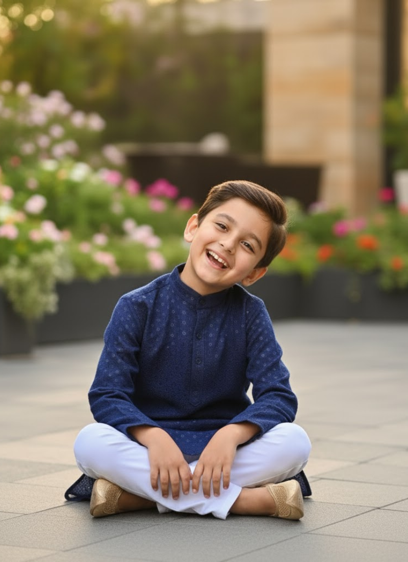 Navy Blue Kids Kurta Pajama – Festive Silk Kurta with Cotton Pyjama