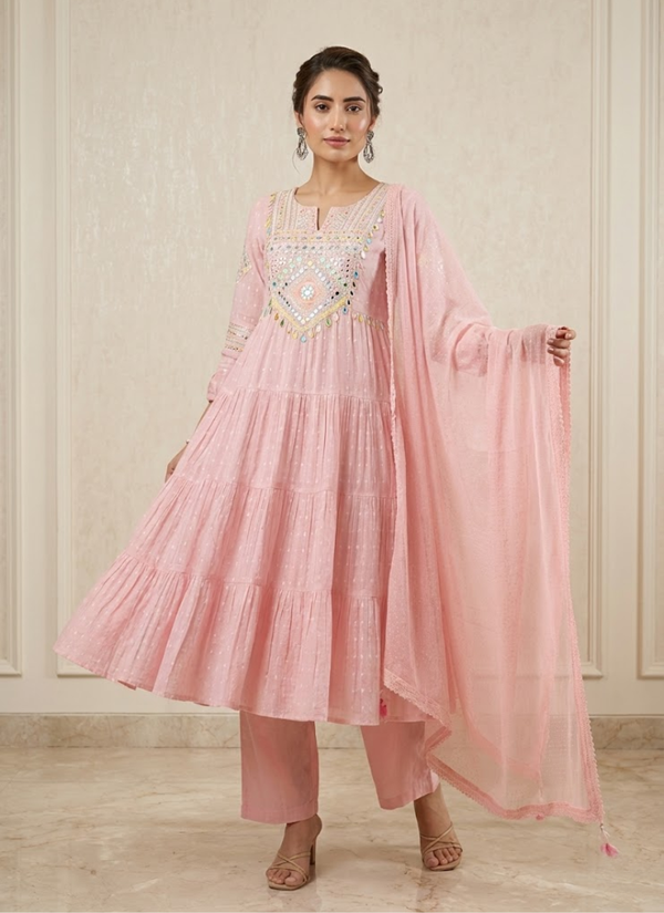 Pink Anarkali Suit in Flex Butti Cotton with Embroidery + Kota Dupatta