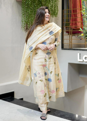 Cream Punjabi Suit in Chanderi Cotton with Embroidery + Dupatta 6
