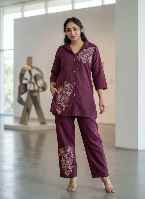 Cotton Slub Embroidered Co‑Ord Set for Women (Top & Pant)