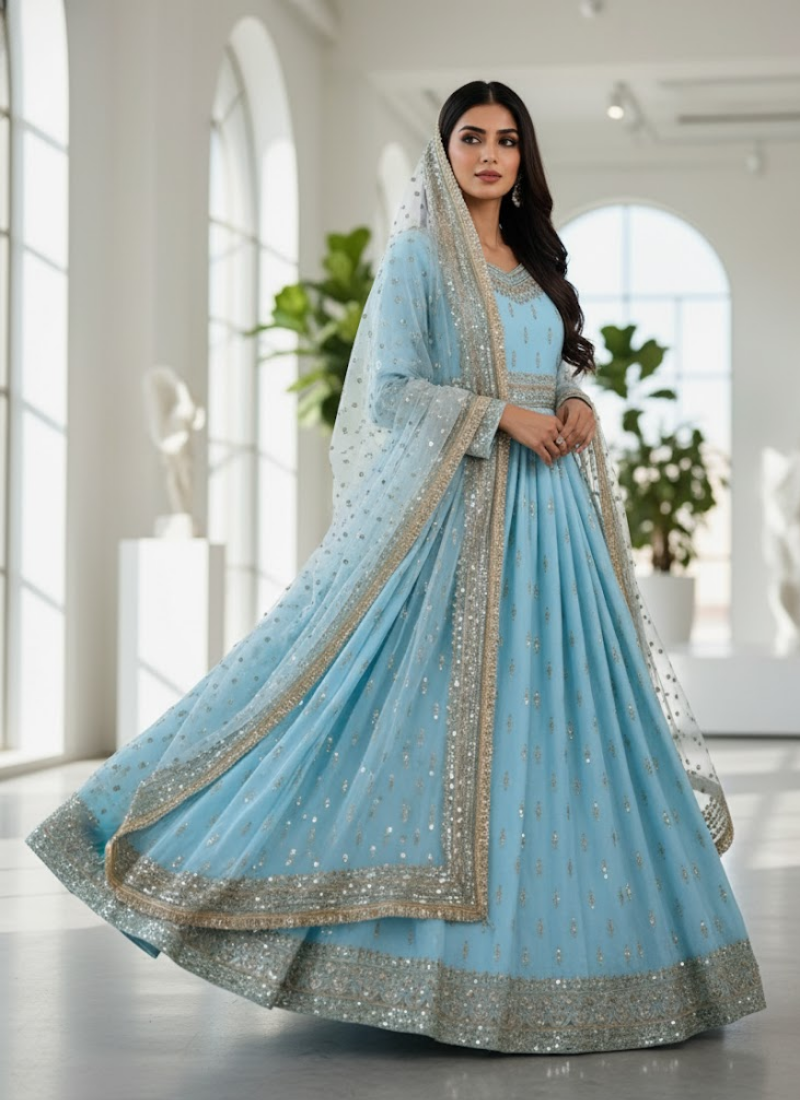 Chinon Silk Embroidered Gown Set with Tassel Sleeves