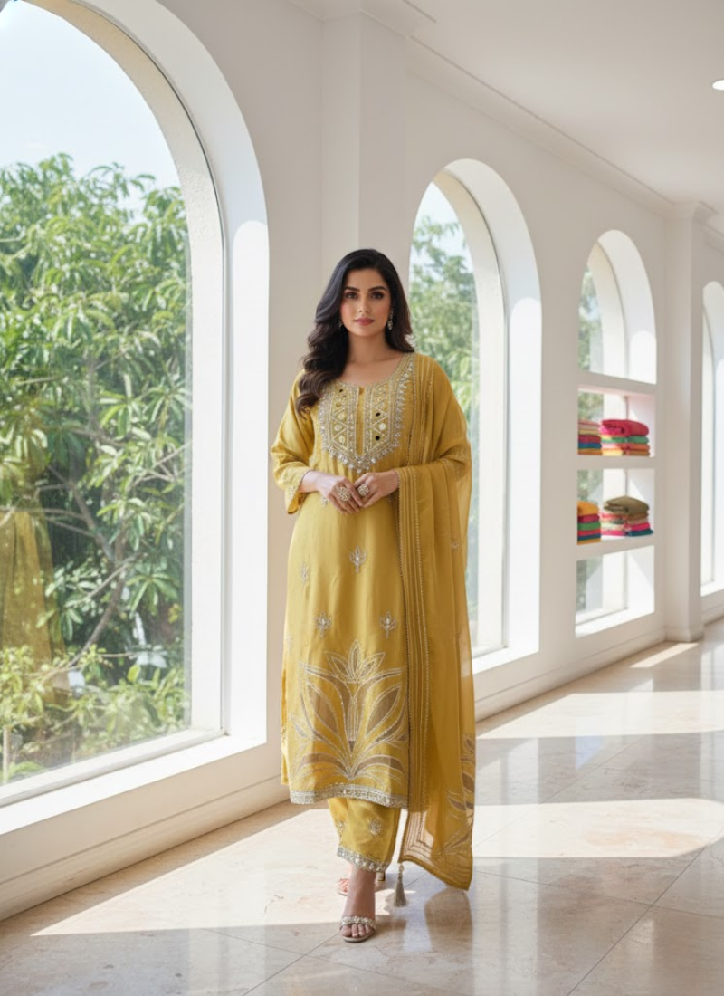 Pakistani Chinon Silk Salwar Suit with Mirror & Cut Work