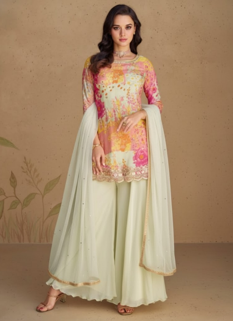Chinon Silk Embroidered Palazzo Suit with Net Dupatta - View 4