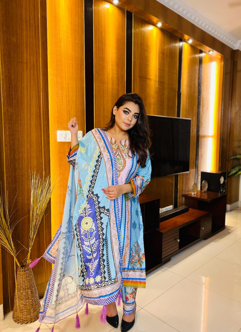 Sky Blue Chinon Silk Salwar Suit with Pearl Work - View 5