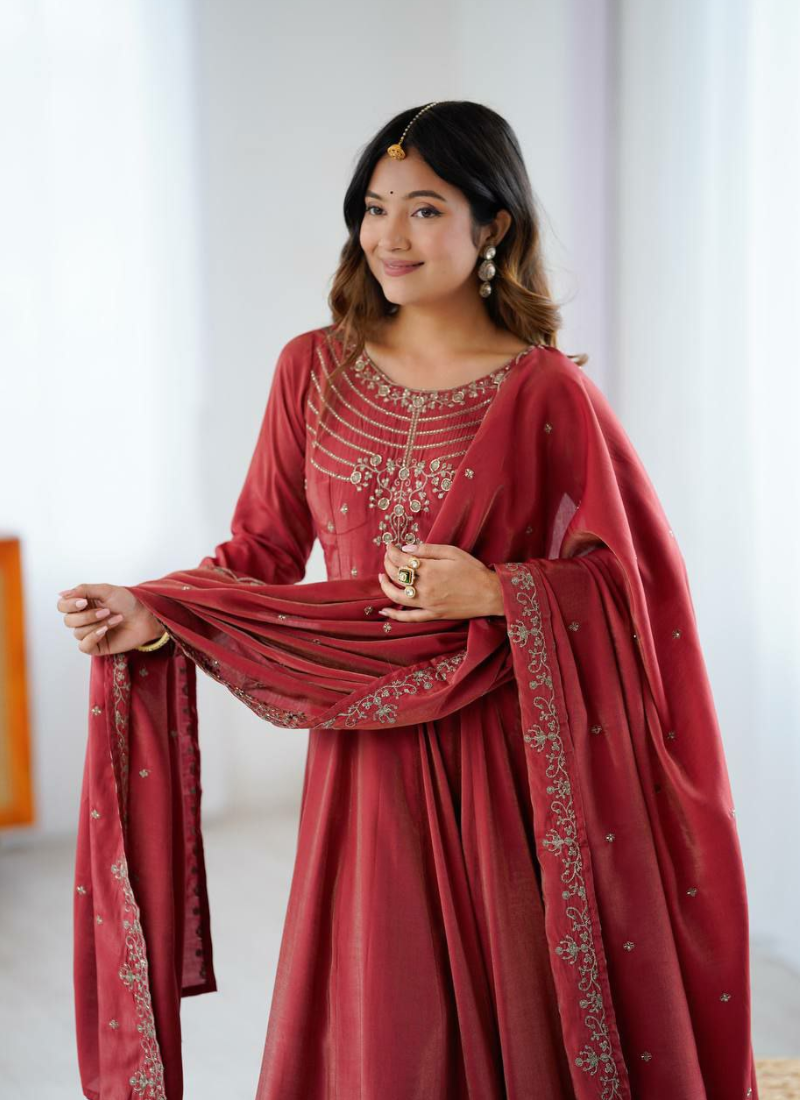 Roman Shimmer Chanderi Silk Anarkali Suit with Beads Work & Dupatta