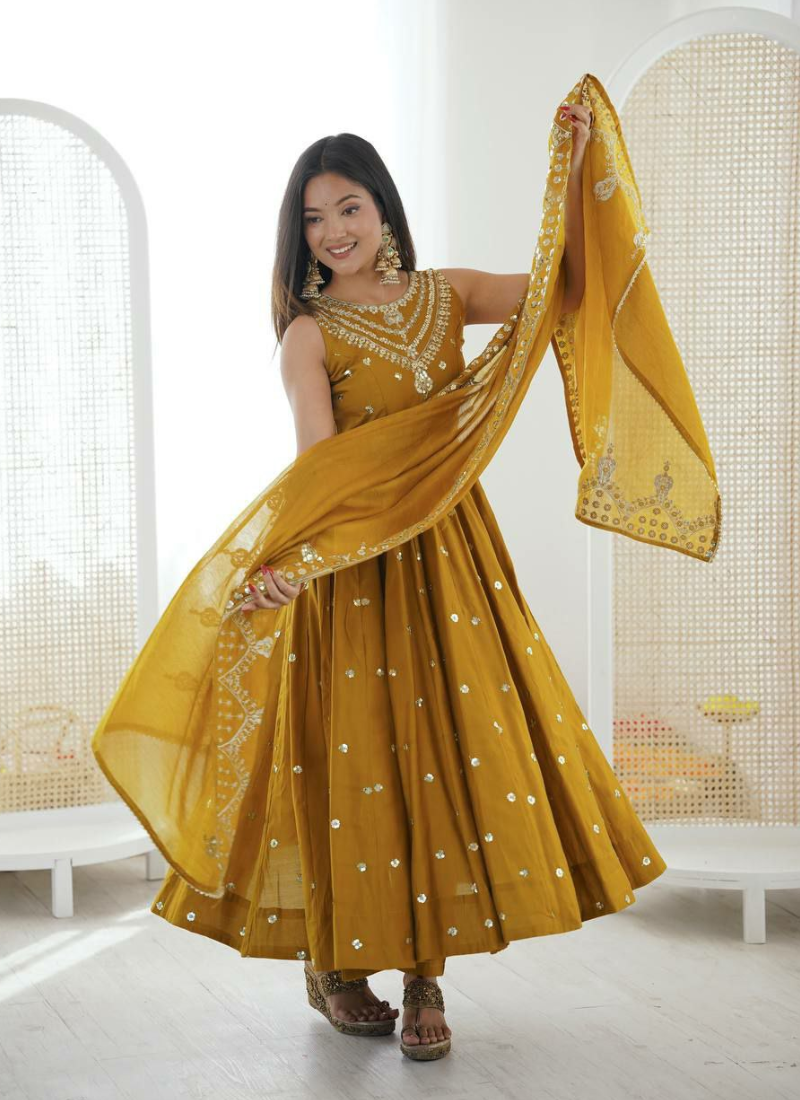 Anarkali Suit in Roman Silk with Sequins Embroidery + Chanderi Dupatta