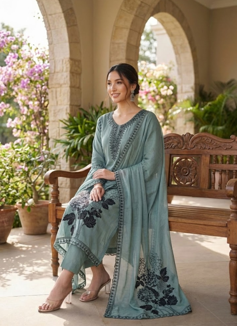 Pest Color Maslin Salwar Suit with Black Thread Embroidery