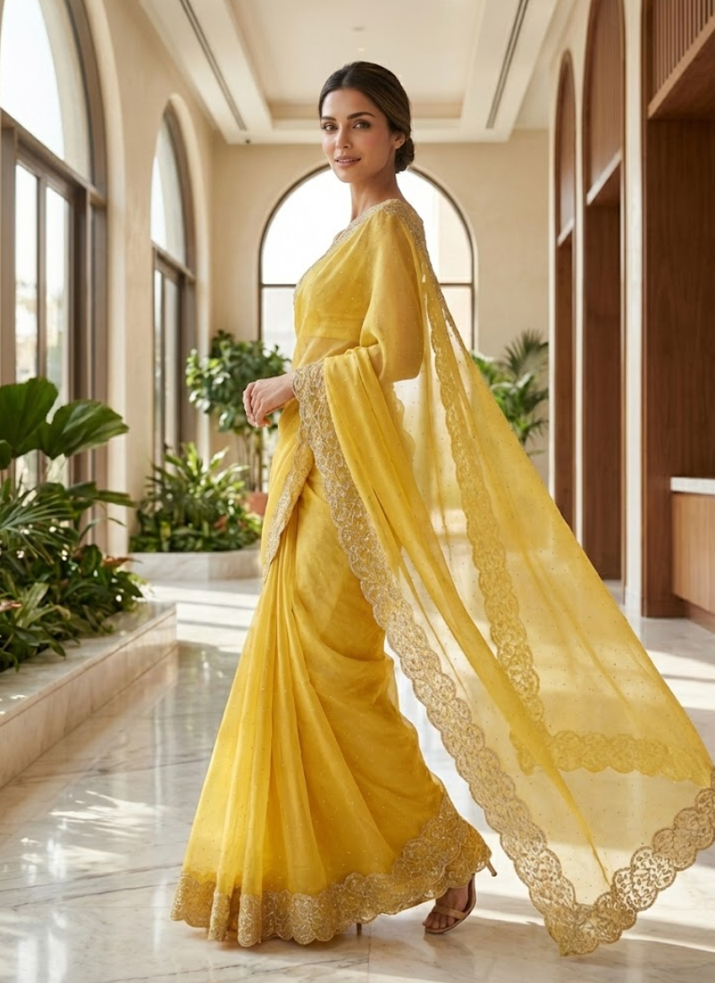 Golden Yellow Silk Saree with Diamond Embroidery, Silver Floral Border & Blouse Piece