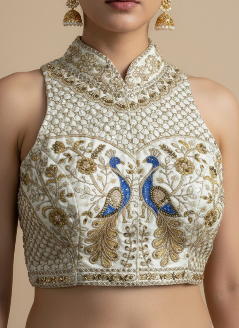 Peacock Silk Party Blouse with Hand Work