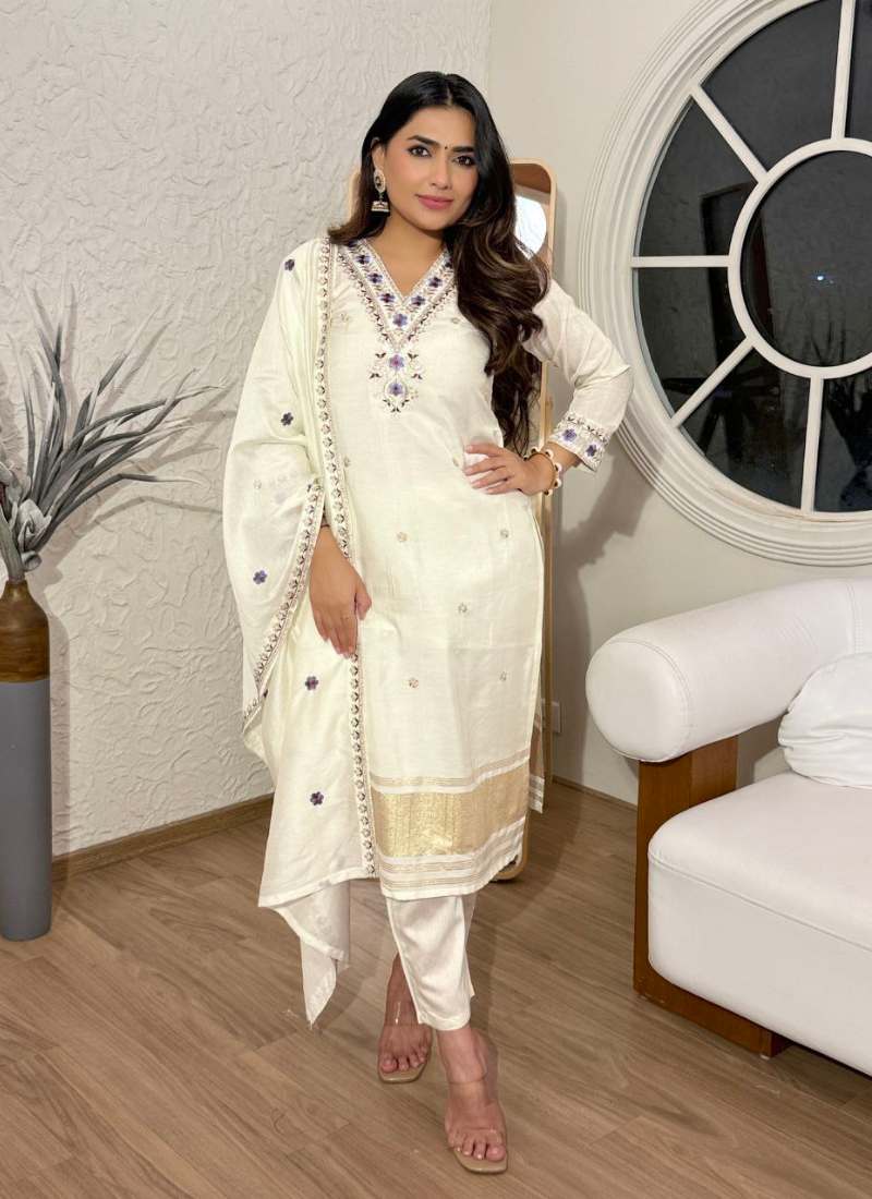 Luxury Viscose Silk Salwar Kameez with Embroidered Chanderi Dupatta
