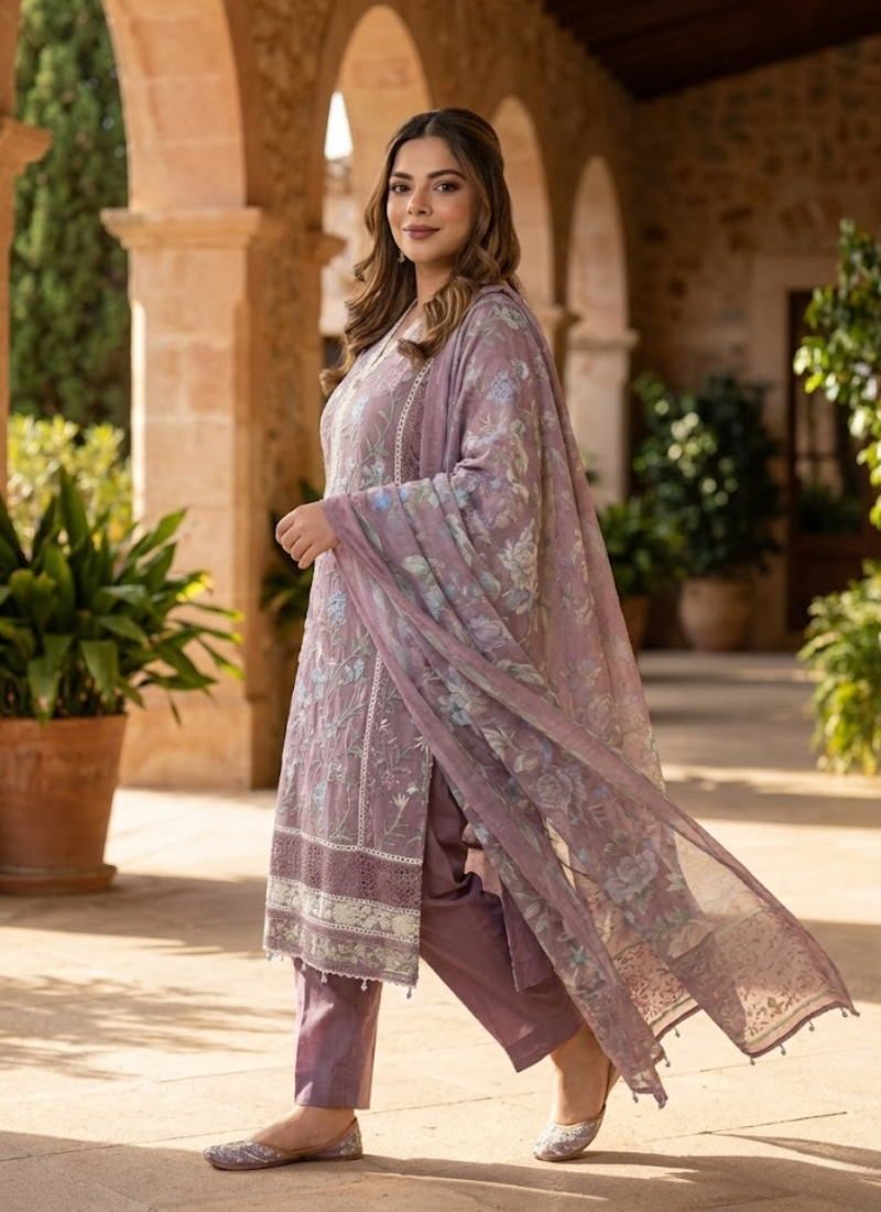 Light purple chiffon salwar kameez with satin salwar, georgette dupatta, embroidery, tassels, and lace work.
