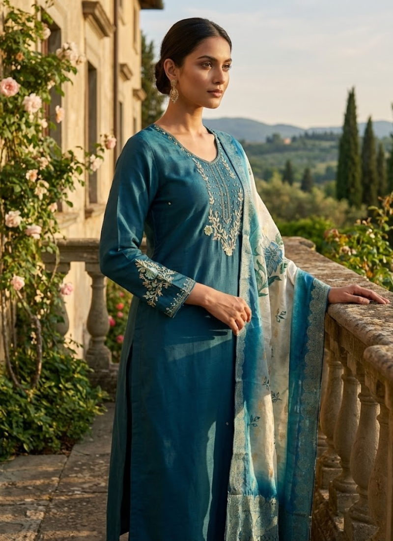 Morpich Roman Silk Punjabi Suit with Handwork & Lichi Silk Jacquard Dupatta