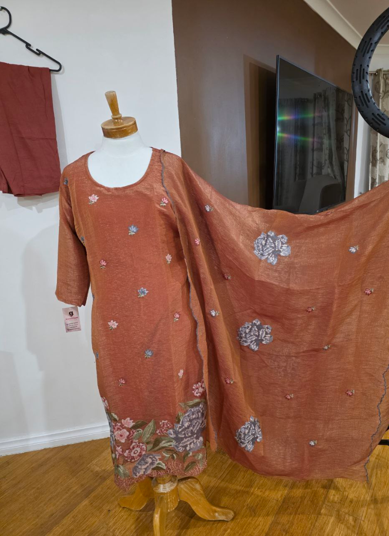 Crepe Silk Salwar Suit – Rust Orange with Floral Embroidery