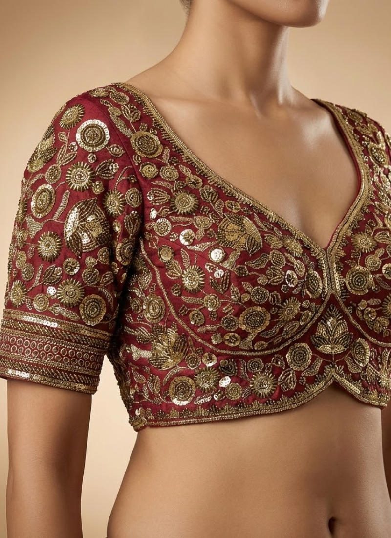 Statement partywear blouse in Roman silk with heavy stitching, handmade hooks, latkans, and cotton lining.