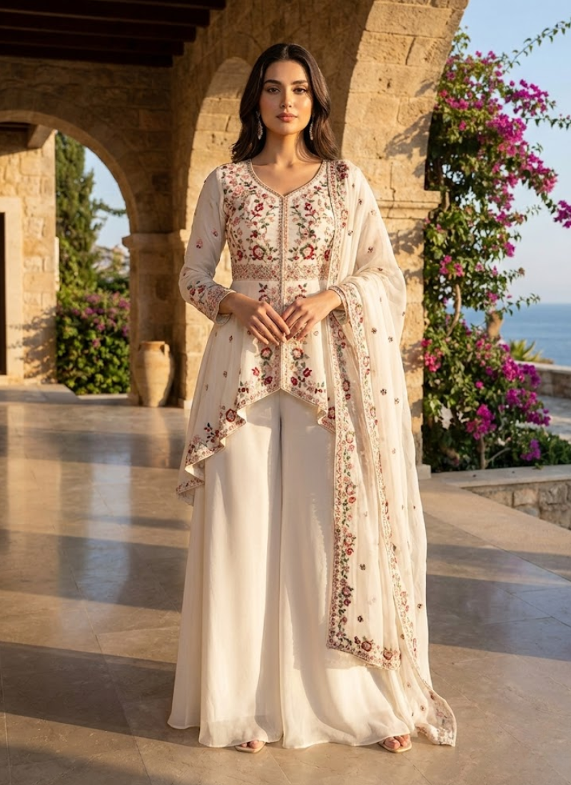 Rangoli Silk Palazzo Suit with Sequins Embroidery + Dupatta