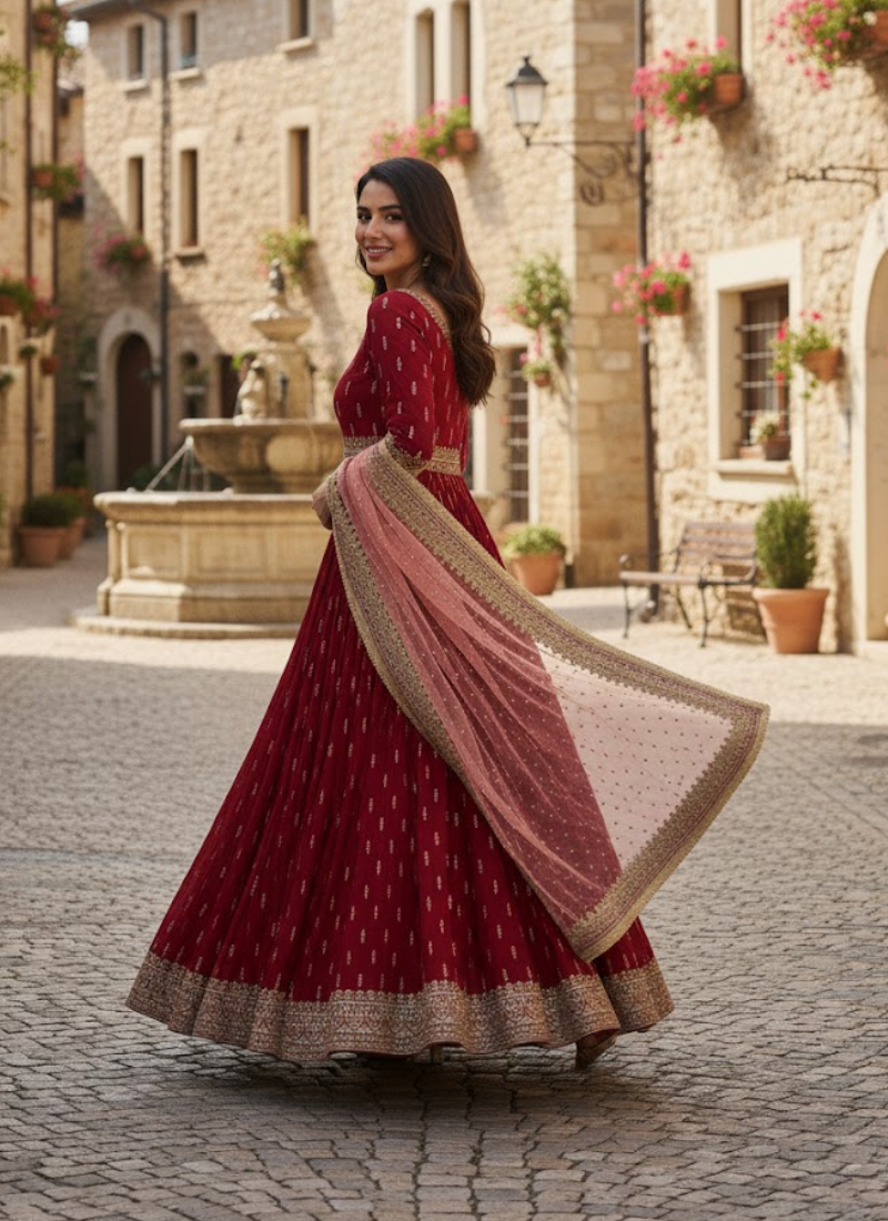 Chinon Silk Embroidered Gown Set with Net Dupatta