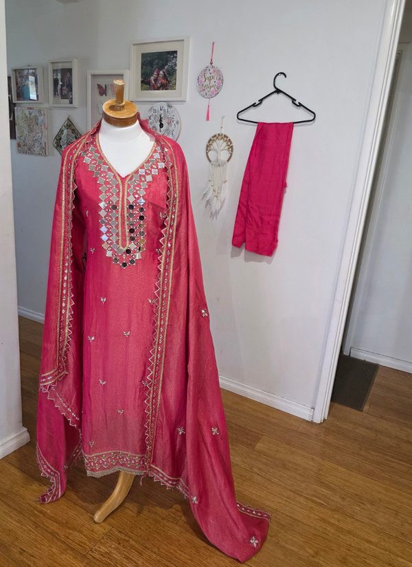 Pink Silk Salwar Suit with Mirror Work