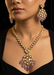 Long Kundan Necklace with Earrings – Light Purple Beads 6