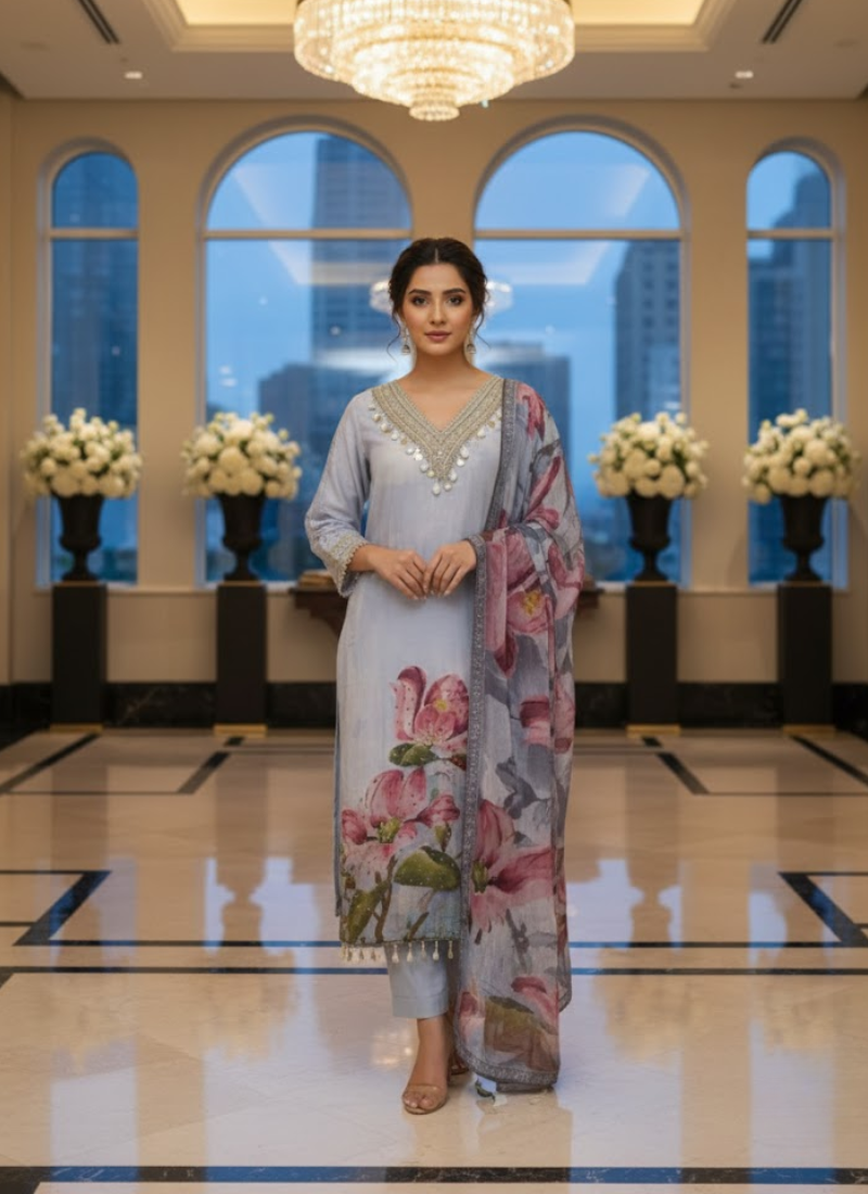 Light Purple Salwar Kameez with Embroidery & Printed Dupatta