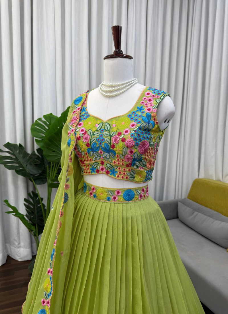 Tabby Organza Silk Lehenga Choli with Thread & Sequins Embroidery + Lace Dupatta