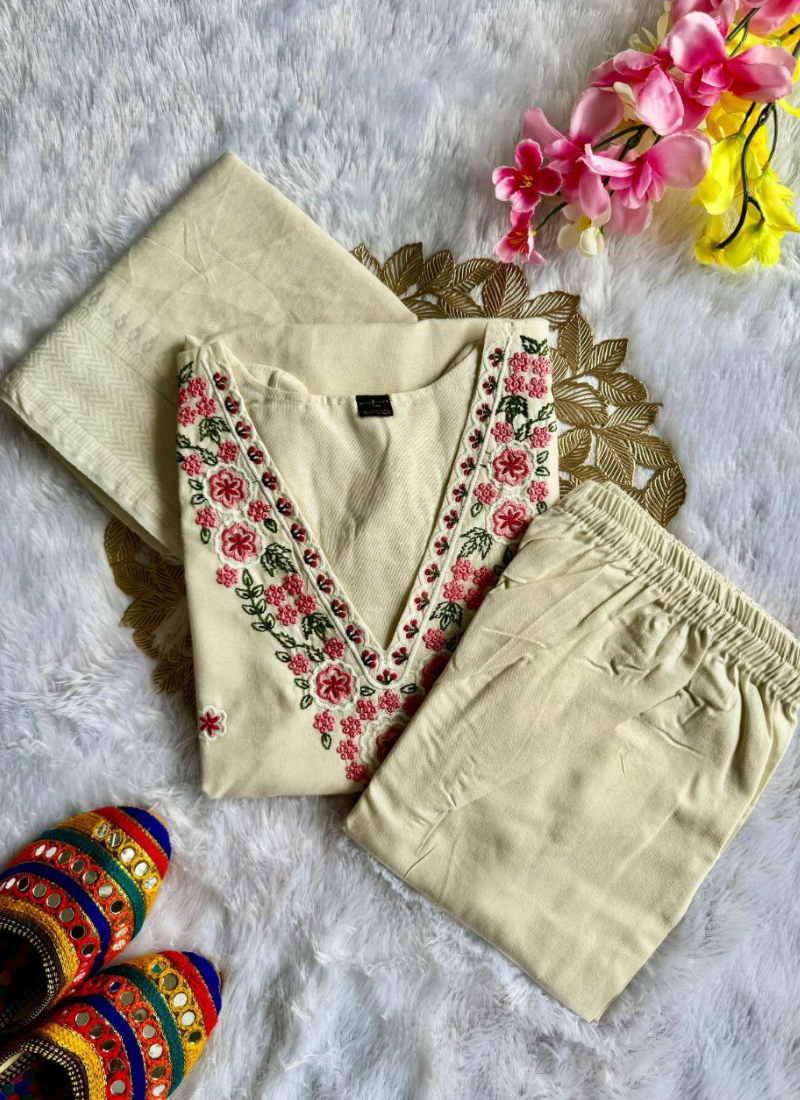White Khadi Cotton Punjabi Suit with Embroidery & Zig‑Zag Dupatta