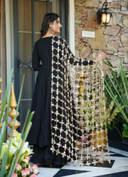 Roman Silk Anarkali Gown with Palazzo + Real Mirror Dupatta (Black) 5