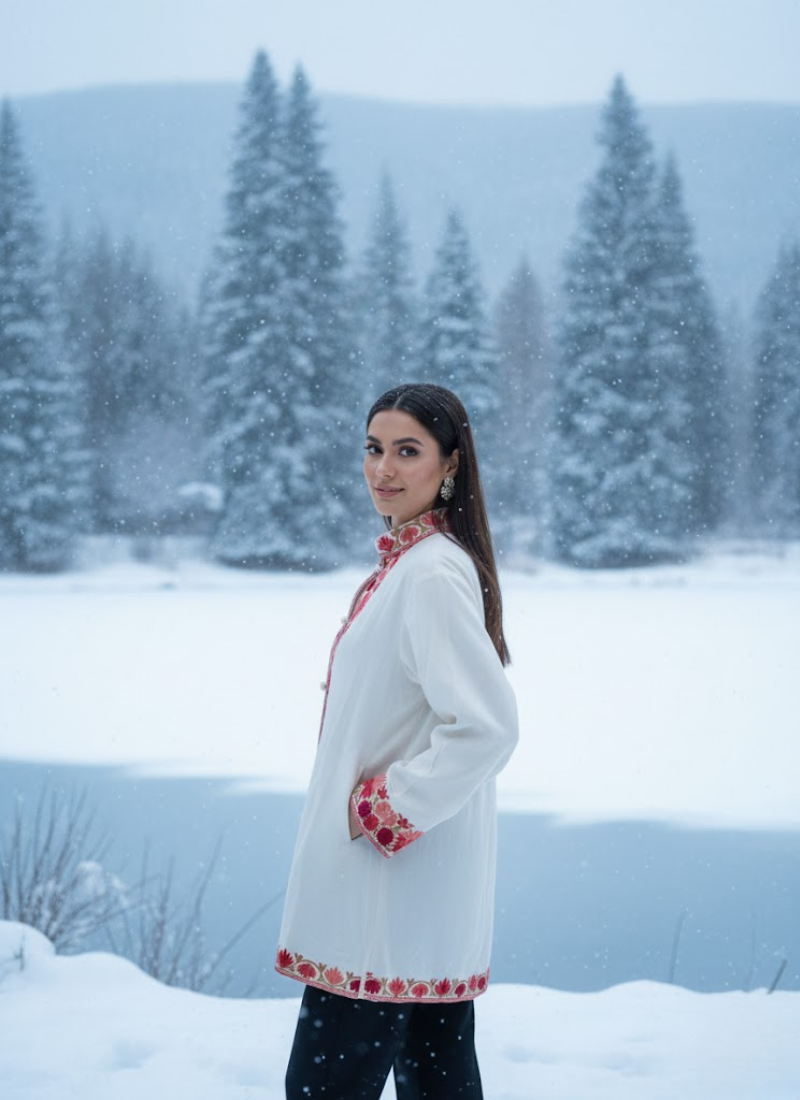 Kashmiri Pashmina Half Coat – Embroidered White