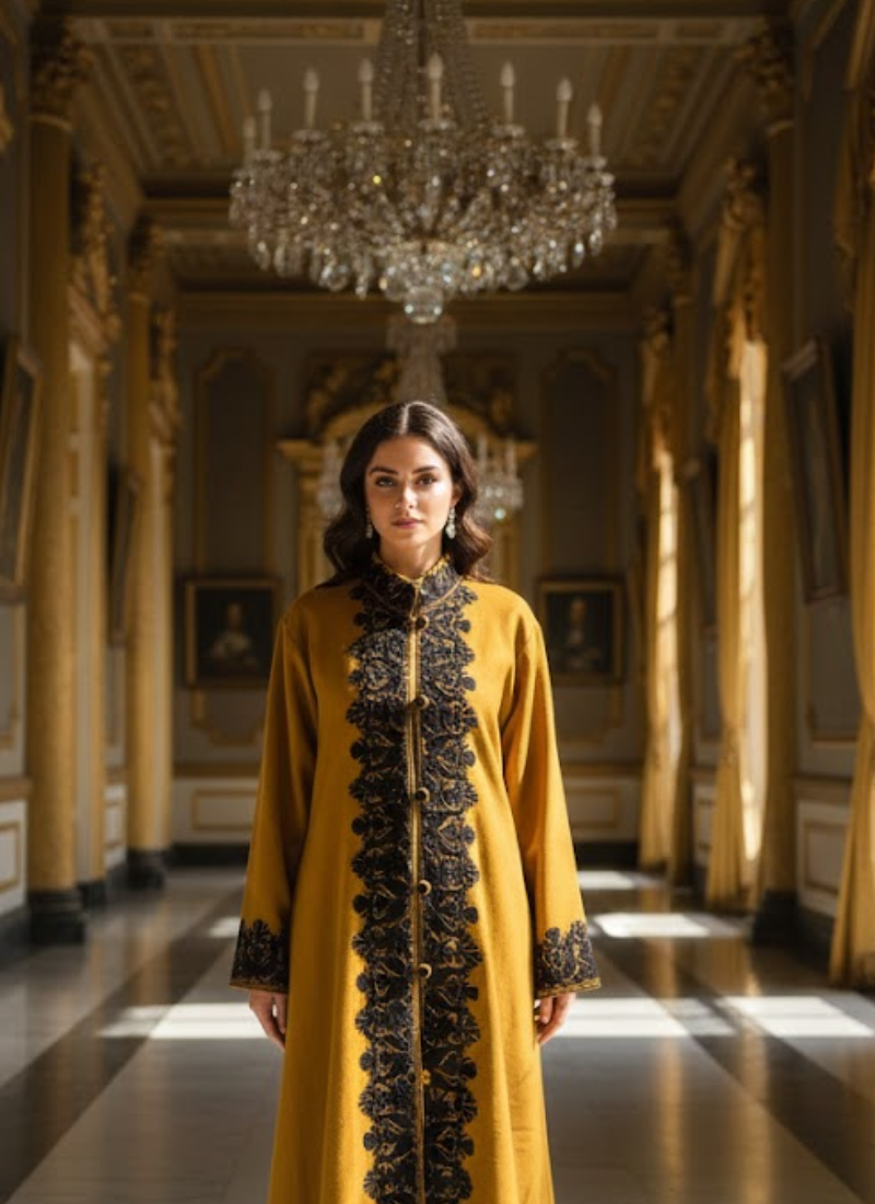 Kashmiri Pashmina Coat – Mustard Yellow Embroidered