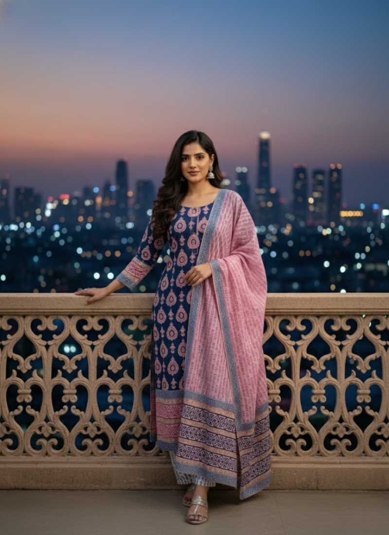 Cotton Block Printed Salwar Suit – Royal Blue & Pink