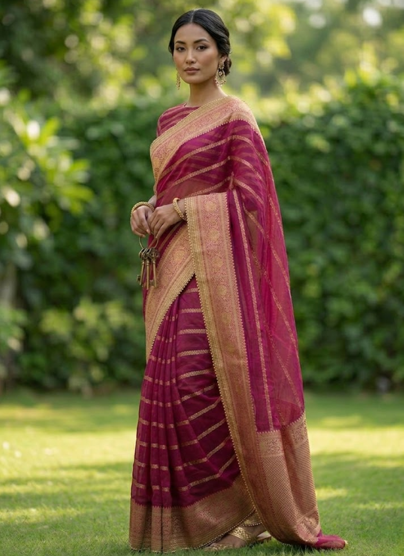 Magenta Banarasi Organza Saree with Blouse Piece